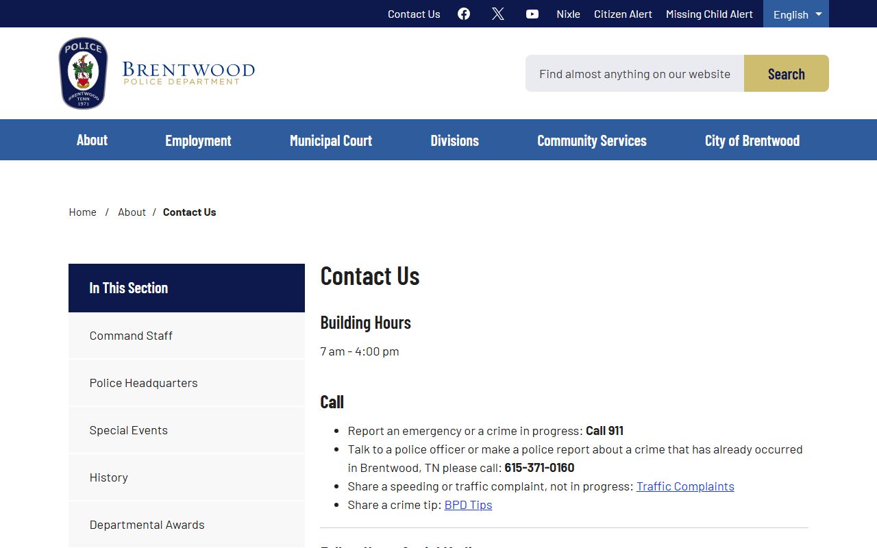 Brentwood inmate population police contact page