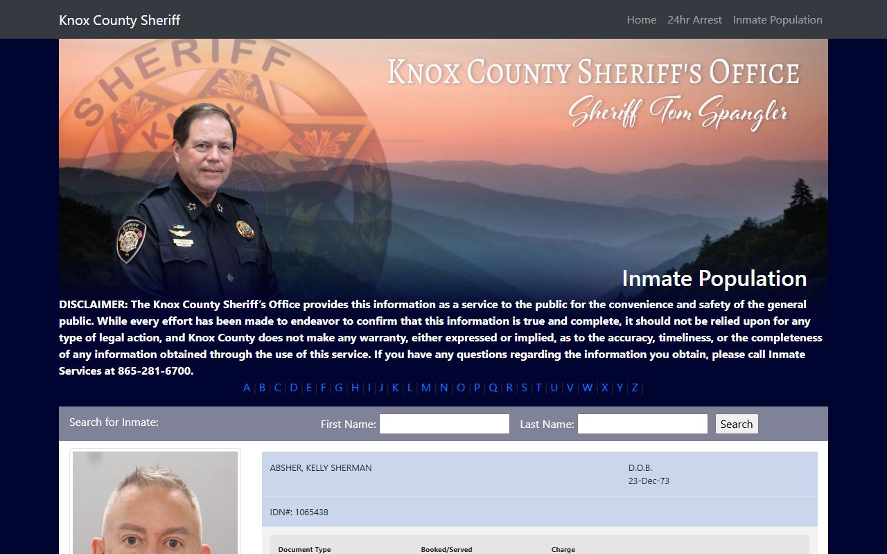 Knoxville inmate population search on the Knox County Sheriff's Office website