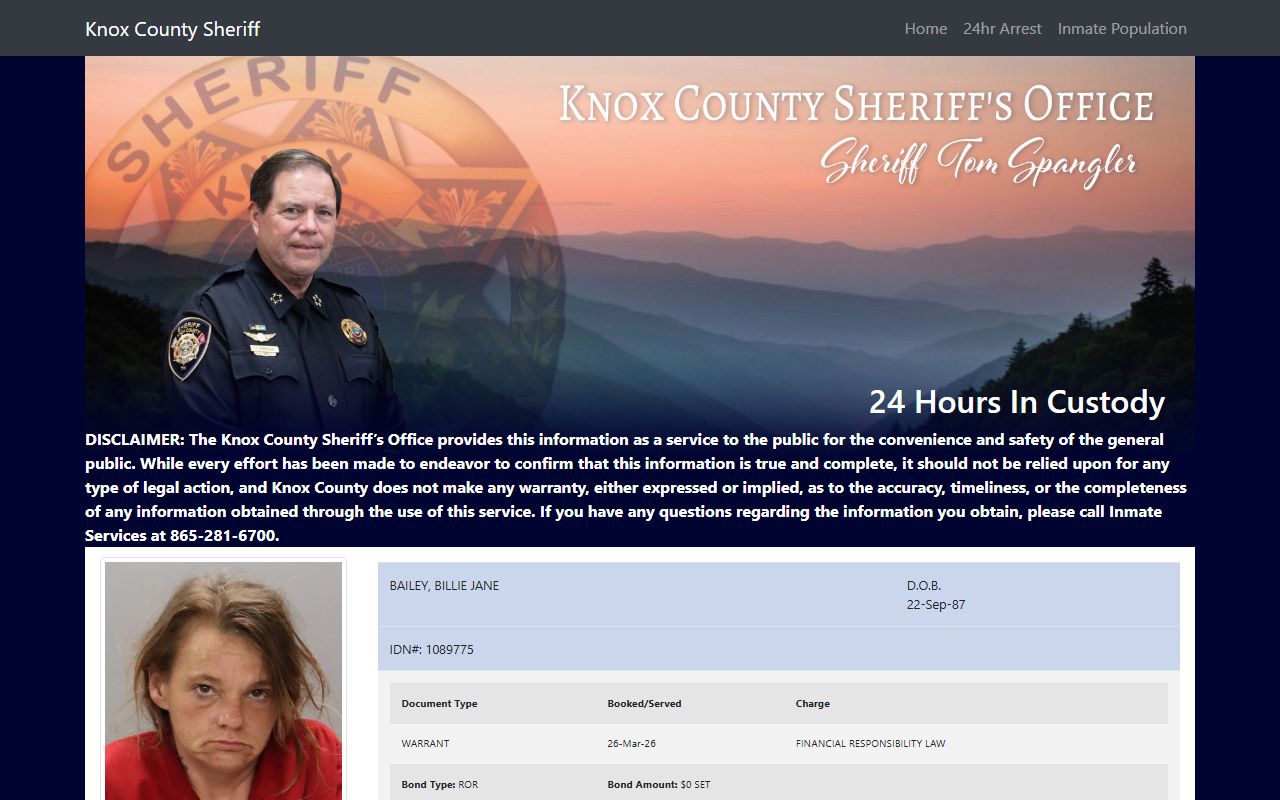 Knoxville inmate population on the Knox County Sheriff's Office home page