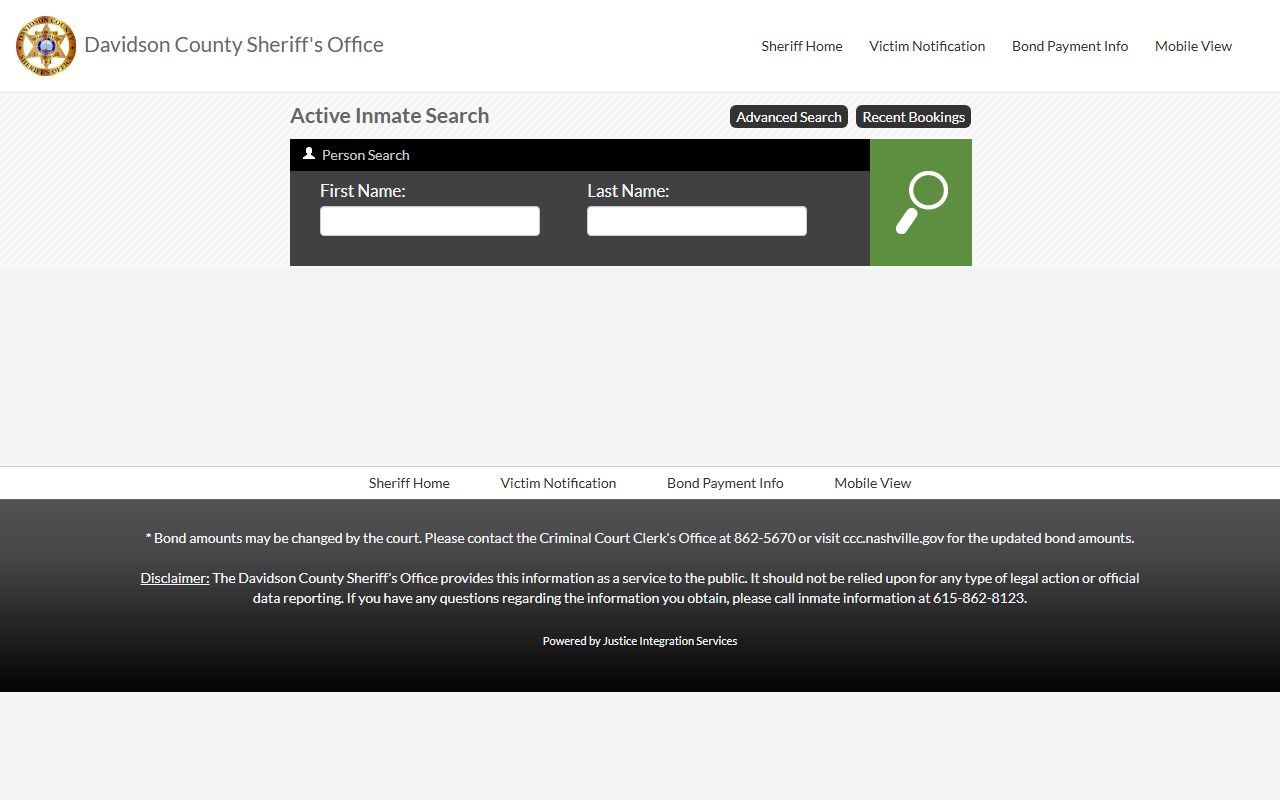 Nashville inmate population search on the Davidson County Sheriff's Office website