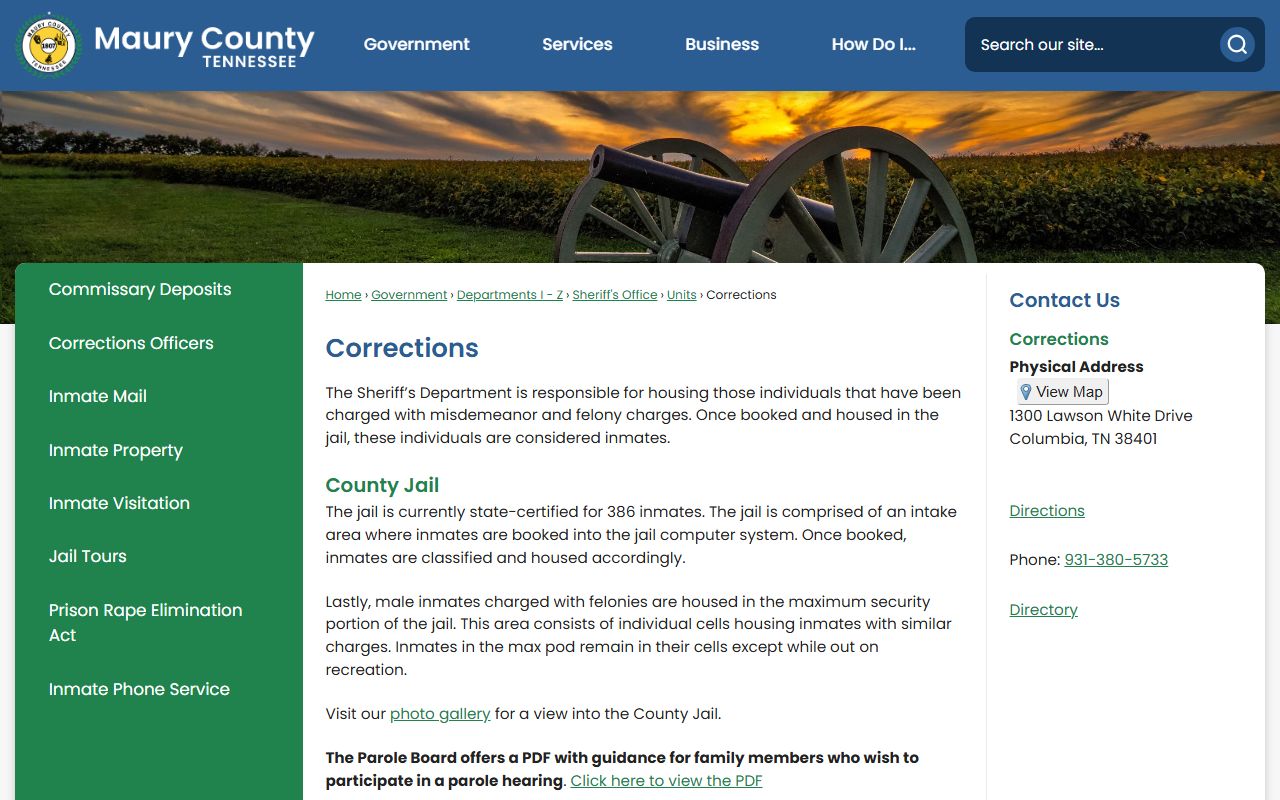 Spring Hill inmate population Maury County corrections source