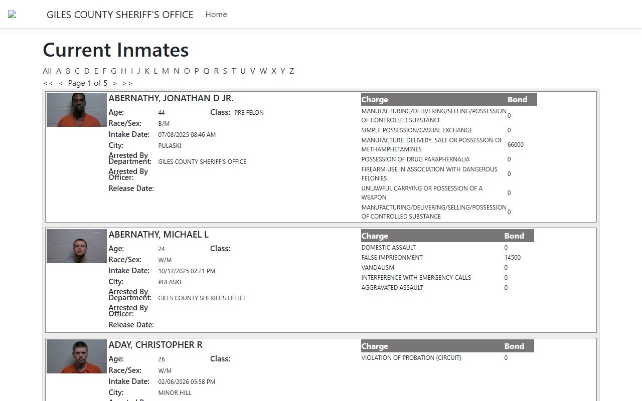 Giles County inmate population ISOMS portal