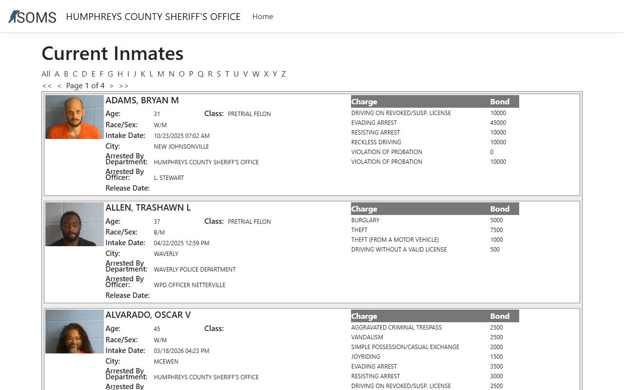 Humphreys County inmate population ISOMS portal