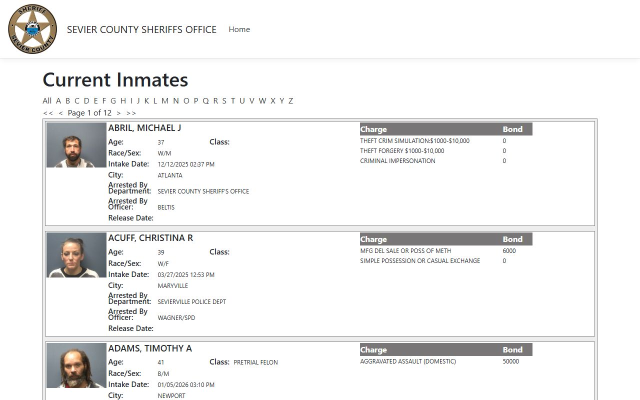 Sevier County inmate population ISOMS portal