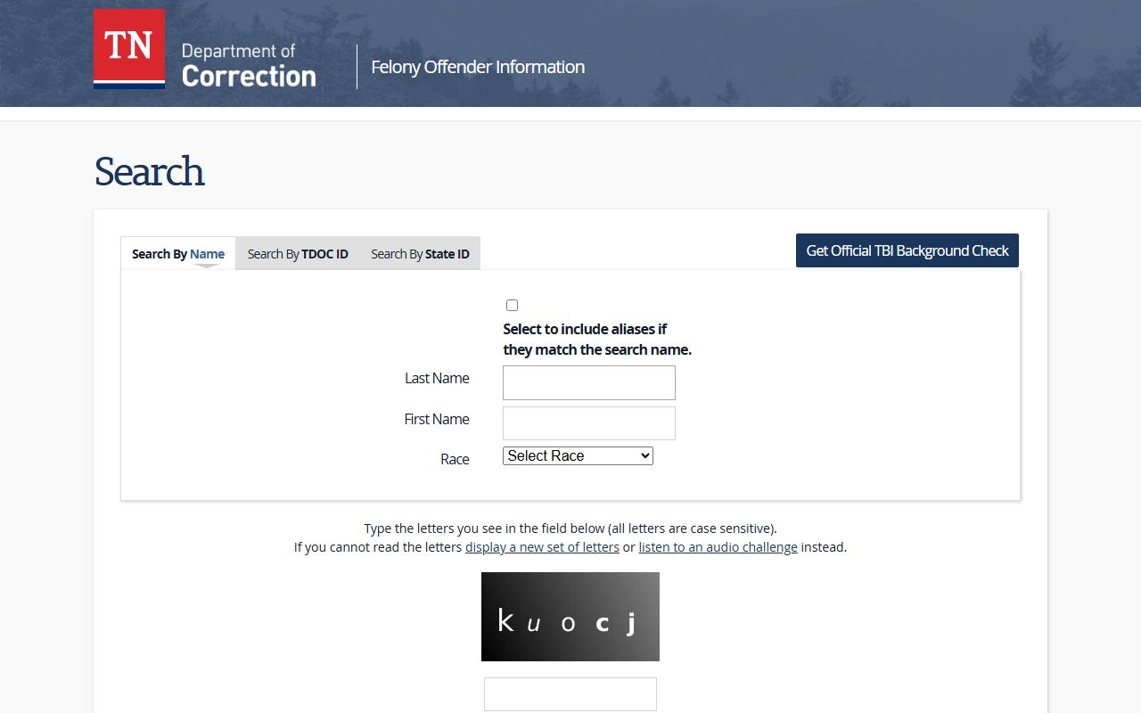 Tennessee Inmate Population FOIL search page