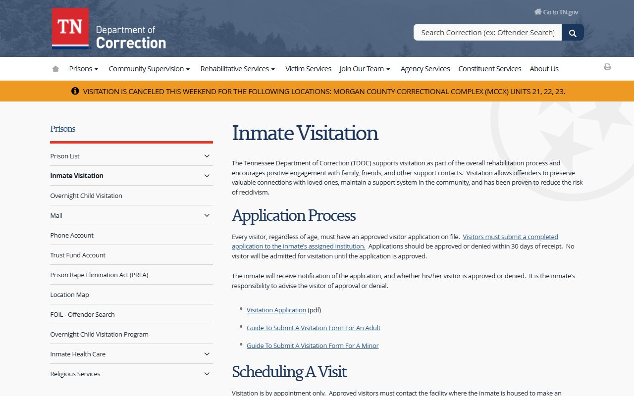 Tennessee Inmate Population visitation rules page