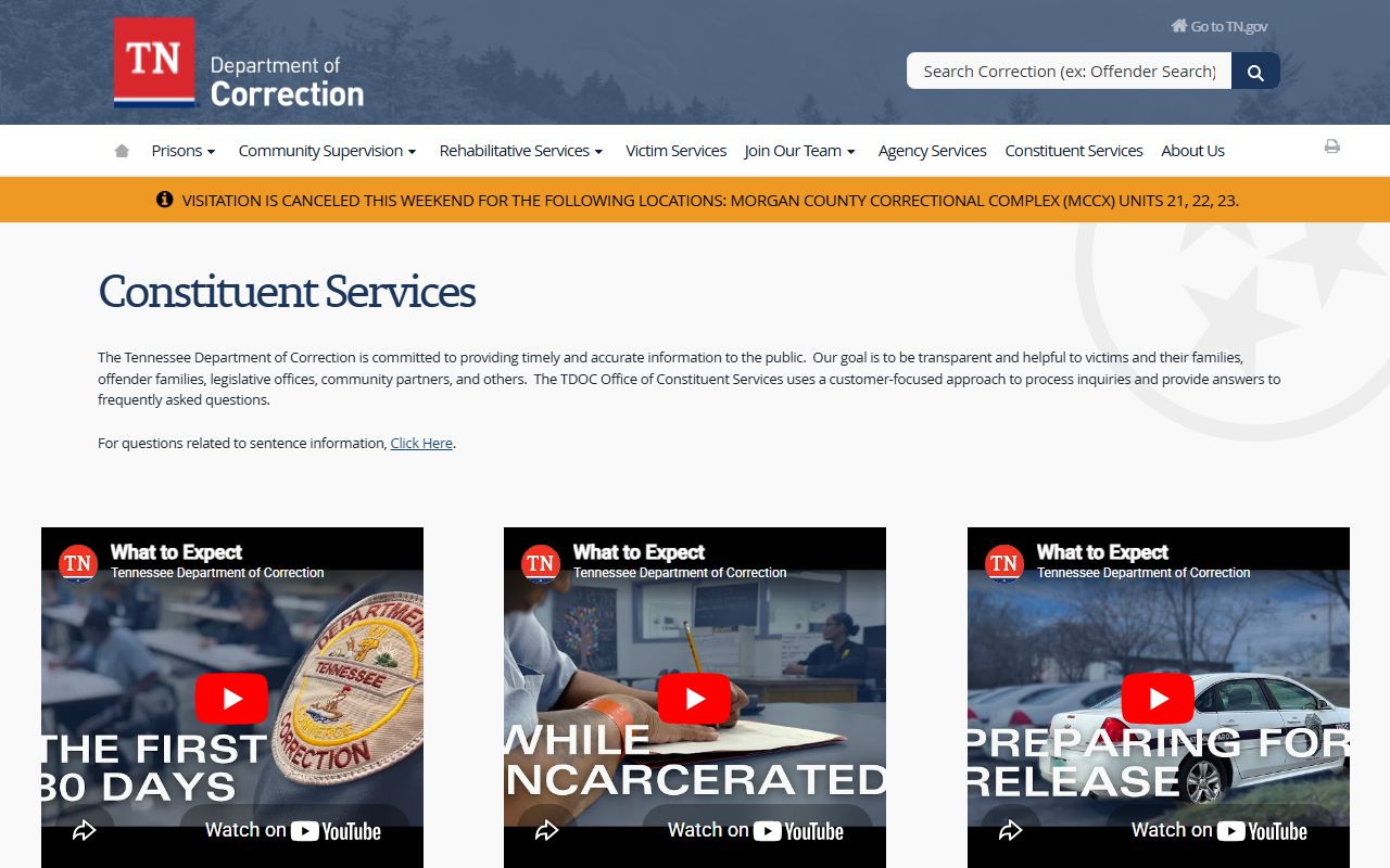 Tennessee Inmate Population constituent services page