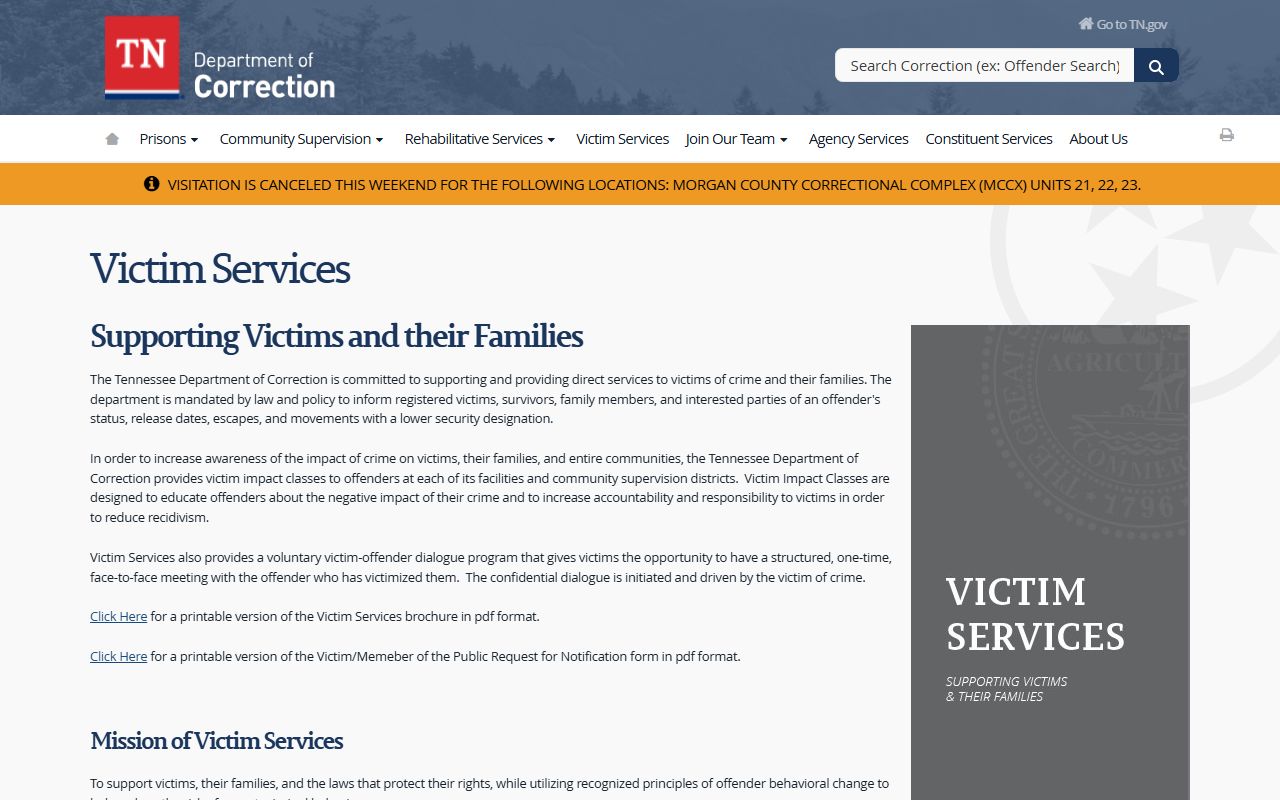 Tennessee Inmate Population victim services page