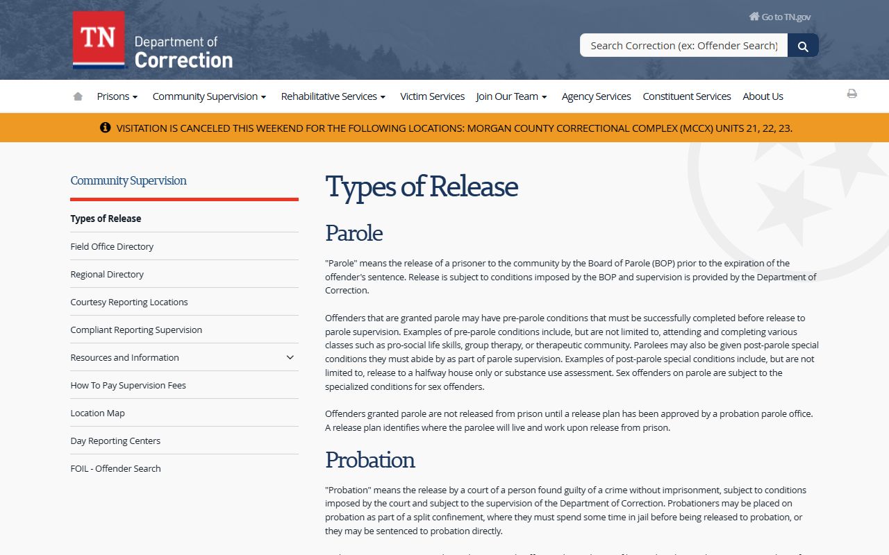 Tennessee Inmate Population release types page